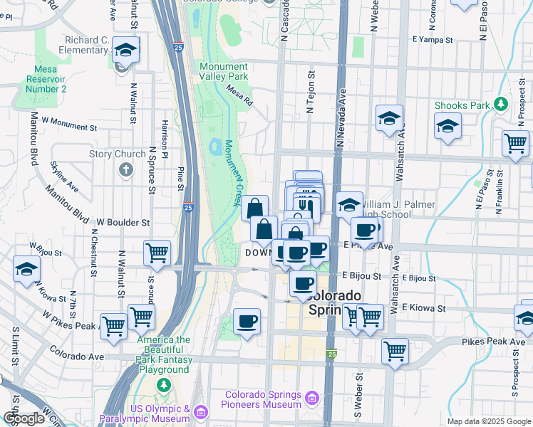 map of restaurants, bars, coffee shops, grocery stores, and more near 320 North Cascade Avenue in Colorado Springs