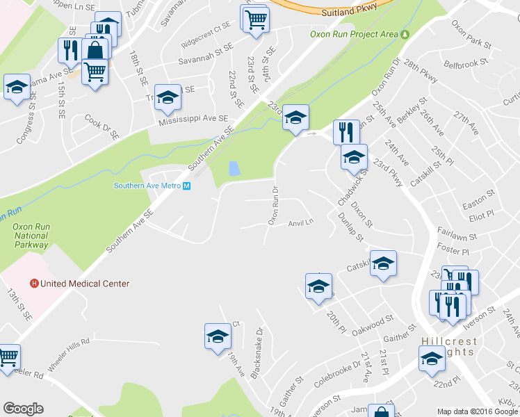 map of restaurants, bars, coffee shops, grocery stores, and more near 2123 North Anvil Lane in Temple Hills