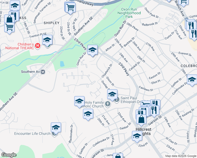 map of restaurants, bars, coffee shops, grocery stores, and more near 3529 Dunlap Street in Temple Hills