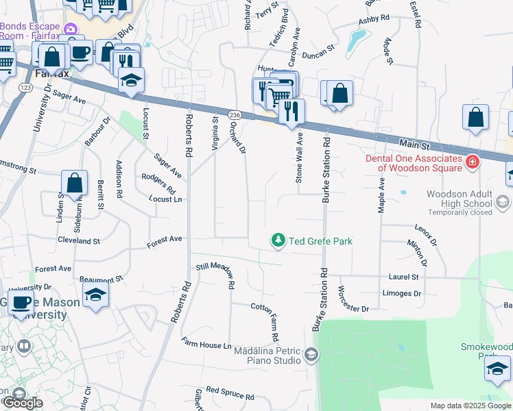 map of restaurants, bars, coffee shops, grocery stores, and more near 4141 Orchard Drive in Fairfax