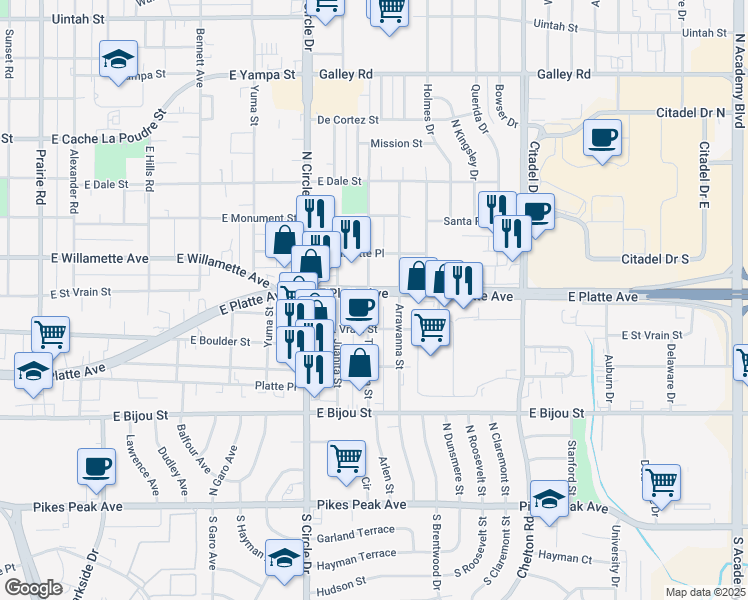 map of restaurants, bars, coffee shops, grocery stores, and more near 2921 East Platte Avenue in Colorado Springs