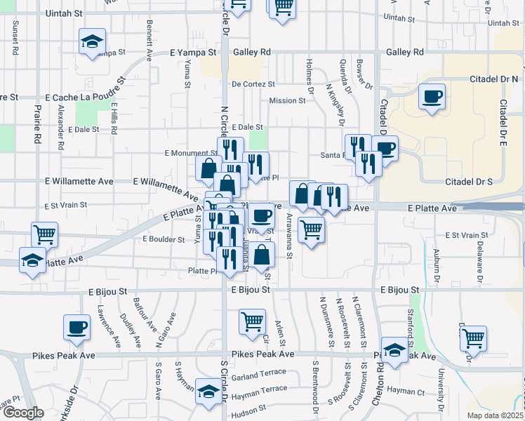 map of restaurants, bars, coffee shops, grocery stores, and more near 2921 East Platte Avenue in Colorado Springs
