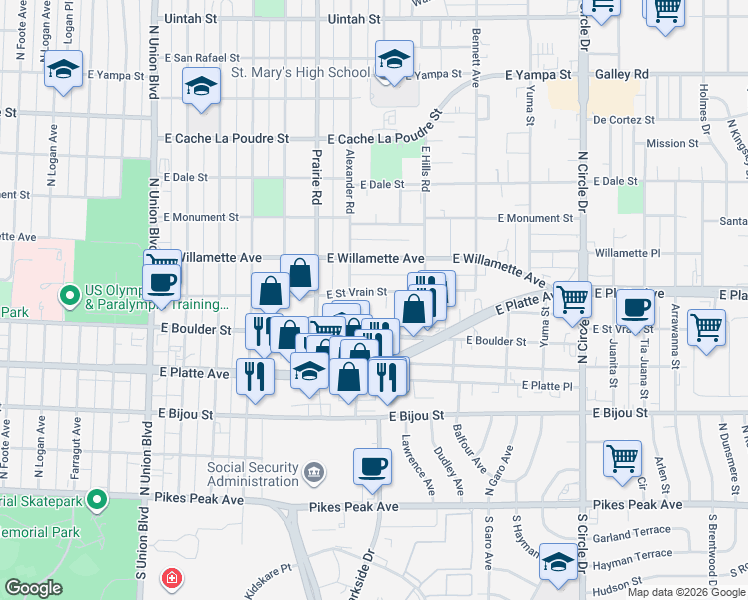 map of restaurants, bars, coffee shops, grocery stores, and more near 2423 East Saint Vrain Street in Colorado Springs