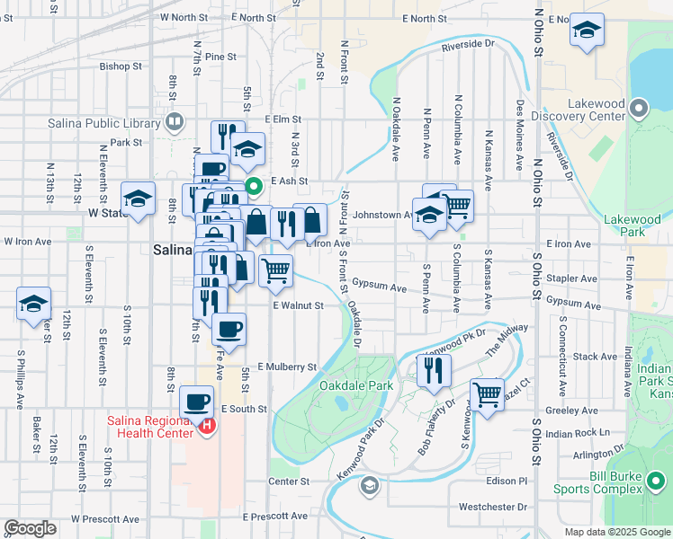 map of restaurants, bars, coffee shops, grocery stores, and more near 124 South Front Street in Salina