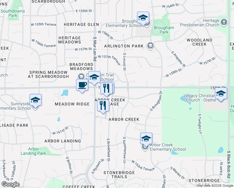 map of restaurants, bars, coffee shops, grocery stores, and more near 16380 West 159th Terrace in Olathe