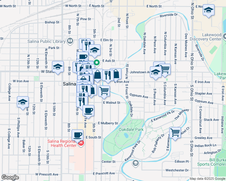 map of restaurants, bars, coffee shops, grocery stores, and more near 117 South 3rd Street in Salina