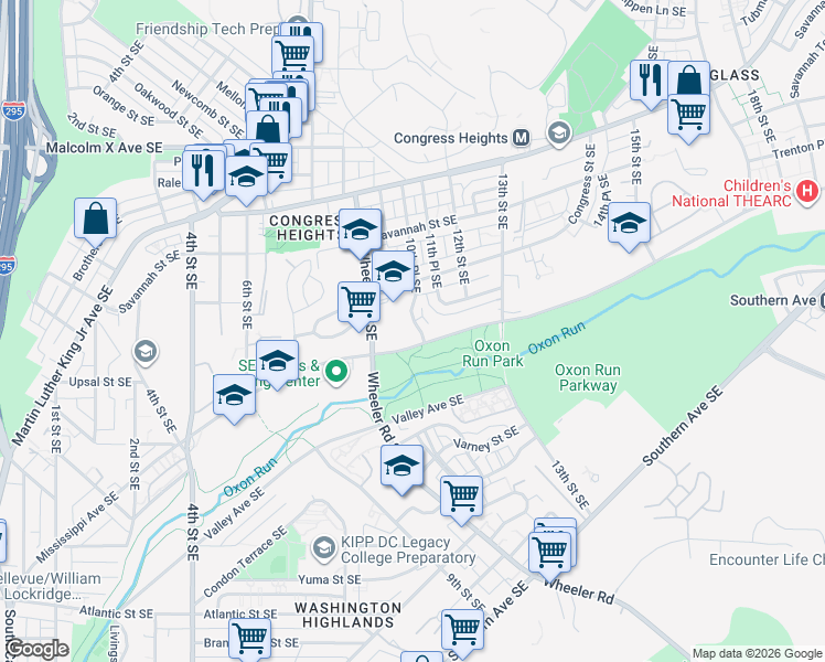 map of restaurants, bars, coffee shops, grocery stores, and more near 3435 10th Place Southeast in Washington