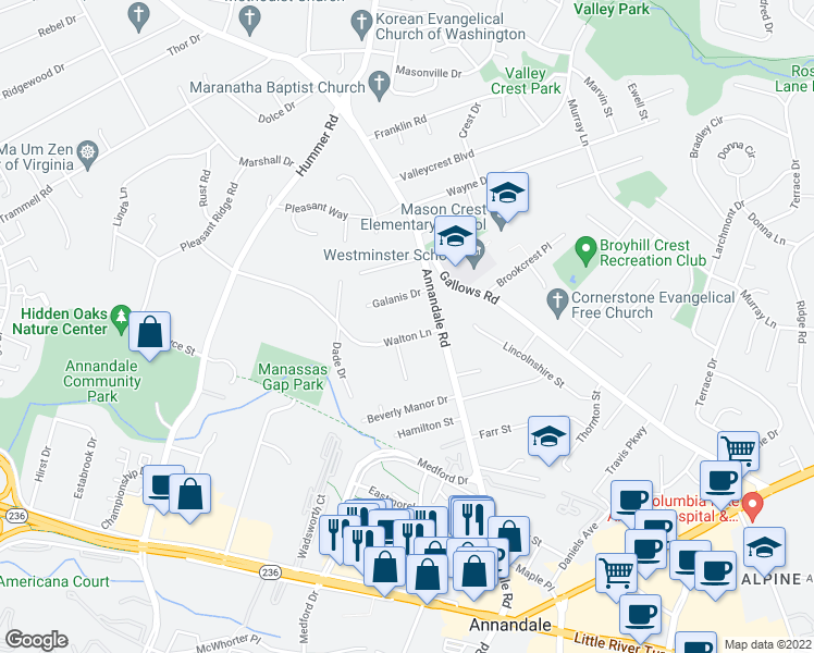 map of restaurants, bars, coffee shops, grocery stores, and more near 7404 Walton Lane in Annandale