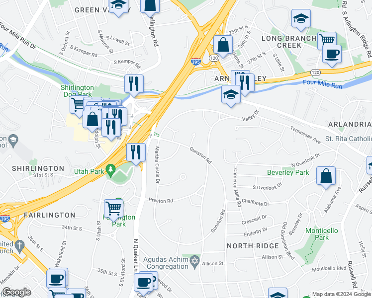 map of restaurants, bars, coffee shops, grocery stores, and more near 3720 Gunston Road in Alexandria