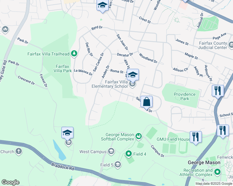 map of restaurants, bars, coffee shops, grocery stores, and more near 11003 Santa Clara Drive in Fairfax