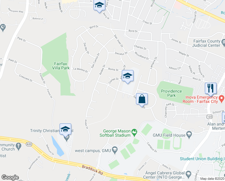 map of restaurants, bars, coffee shops, grocery stores, and more near 11003 Santa Clara Drive in Fairfax