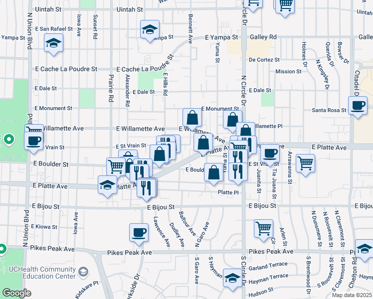 map of restaurants, bars, coffee shops, grocery stores, and more near 2531 East Saint Vrain Street in Colorado Springs
