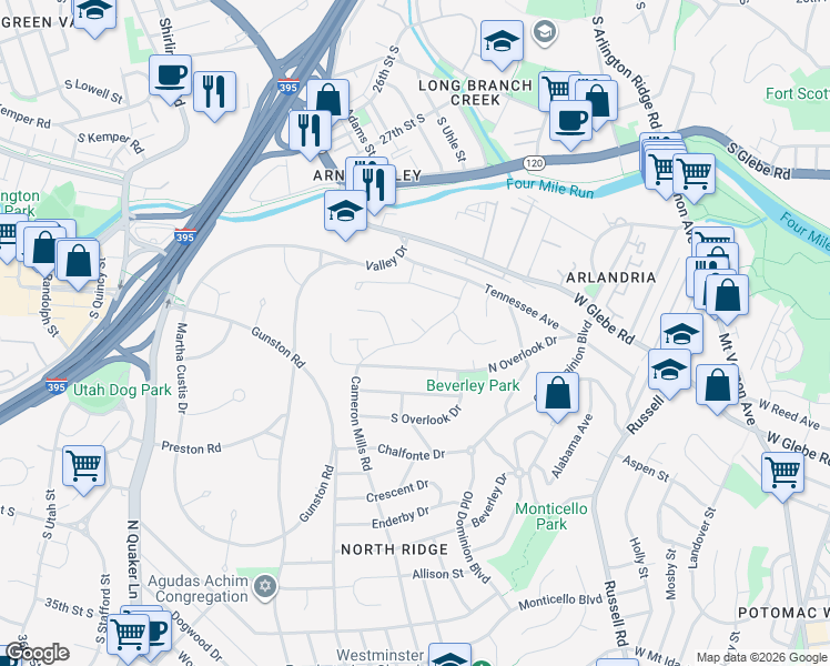 map of restaurants, bars, coffee shops, grocery stores, and more near 3708 Cameron Mills Road in Alexandria