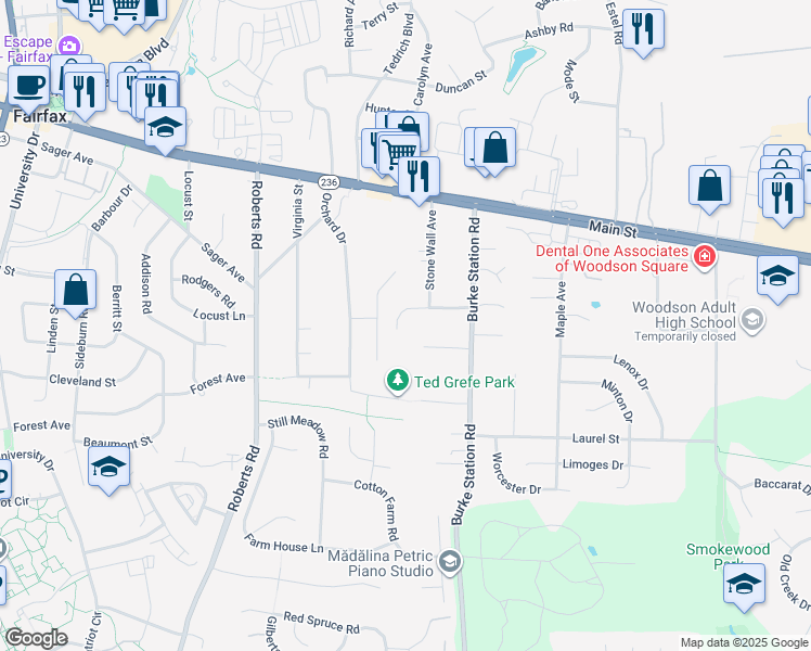 map of restaurants, bars, coffee shops, grocery stores, and more near 9915 Stoughton Road in Fairfax