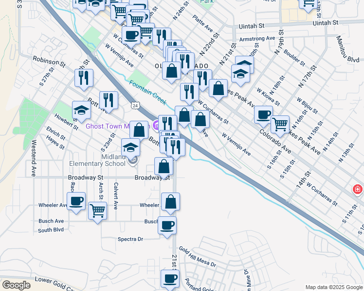 map of restaurants, bars, coffee shops, grocery stores, and more near 651 S 21st St in Colorado Springs