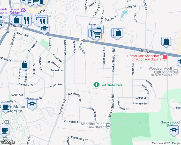 map of restaurants, bars, coffee shops, grocery stores, and more near 4141 Orchard Drive in Fairfax