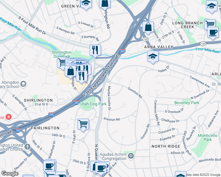 map of restaurants, bars, coffee shops, grocery stores, and more near 3569 Martha Custis Drive in Alexandria