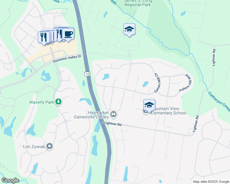 map of restaurants, bars, coffee shops, grocery stores, and more near 5505 Hillsman Farm Lane in Haymarket