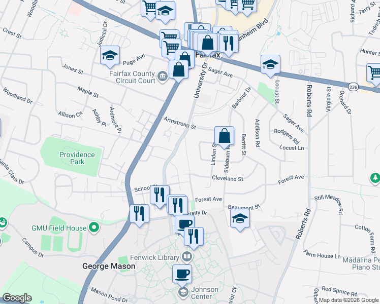 map of restaurants, bars, coffee shops, grocery stores, and more near 4213 University Drive in Fairfax