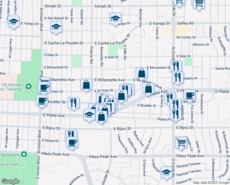 map of restaurants, bars, coffee shops, grocery stores, and more near 2435 East Saint Vrain Street in Colorado Springs