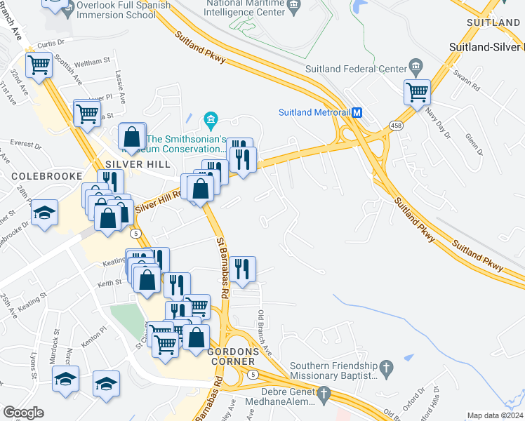 map of restaurants, bars, coffee shops, grocery stores, and more near 3613 Silver Park Drive in Suitland-Silver Hill