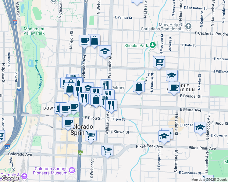 map of restaurants, bars, coffee shops, grocery stores, and more near 416 East Boulder Street in Colorado Springs