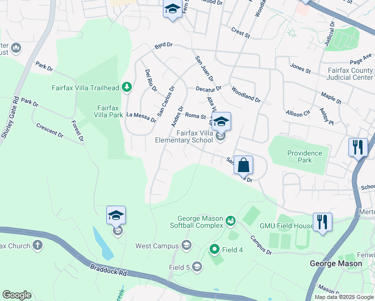 map of restaurants, bars, coffee shops, grocery stores, and more near 4419 Cortez Drive in Fairfax