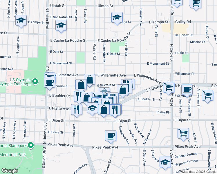 map of restaurants, bars, coffee shops, grocery stores, and more near 2403 East Saint Vrain Street in Colorado Springs