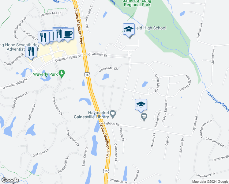 map of restaurants, bars, coffee shops, grocery stores, and more near 5505 Hillsman Farm Lane in Haymarket