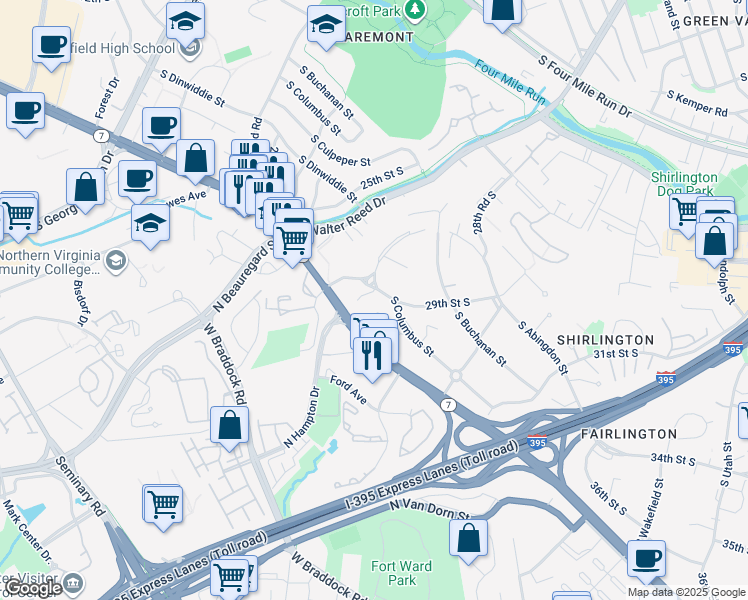 map of restaurants, bars, coffee shops, grocery stores, and more near 2848 South Columbus Street in Arlington