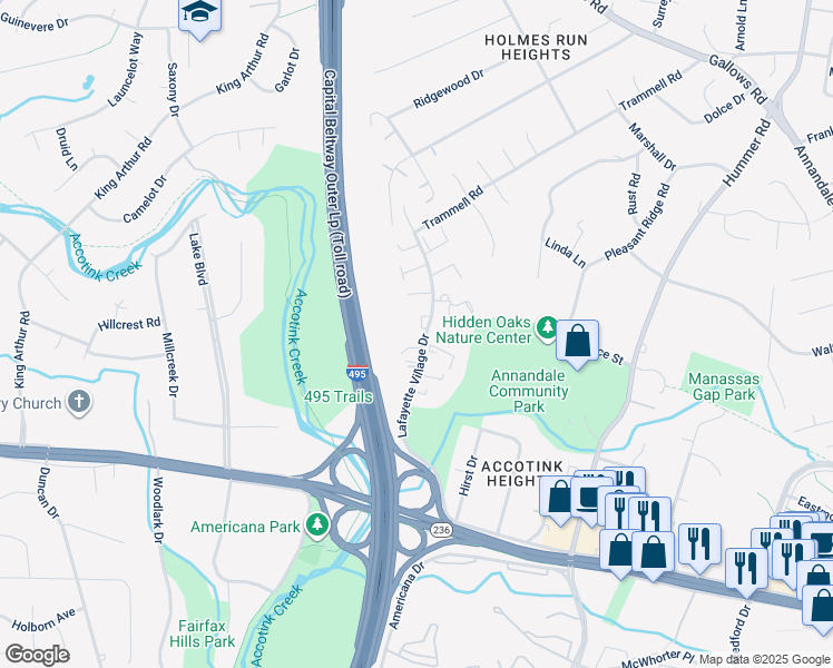 map of restaurants, bars, coffee shops, grocery stores, and more near 7930 Peyton Forest Trail in Annandale