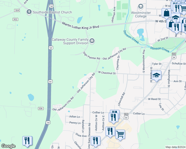 map of restaurants, bars, coffee shops, grocery stores, and more near 500 Old Jefferson City Road in Fulton