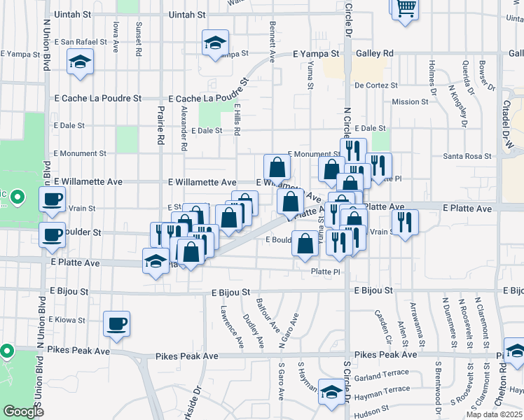 map of restaurants, bars, coffee shops, grocery stores, and more near 2531 East Saint Vrain Street in Colorado Springs