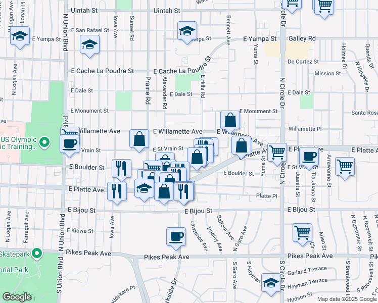 map of restaurants, bars, coffee shops, grocery stores, and more near 2435 East Saint Vrain Street in Colorado Springs