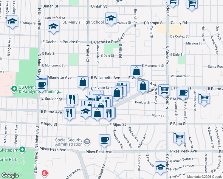map of restaurants, bars, coffee shops, grocery stores, and more near 2435 East Saint Vrain Street in Colorado Springs