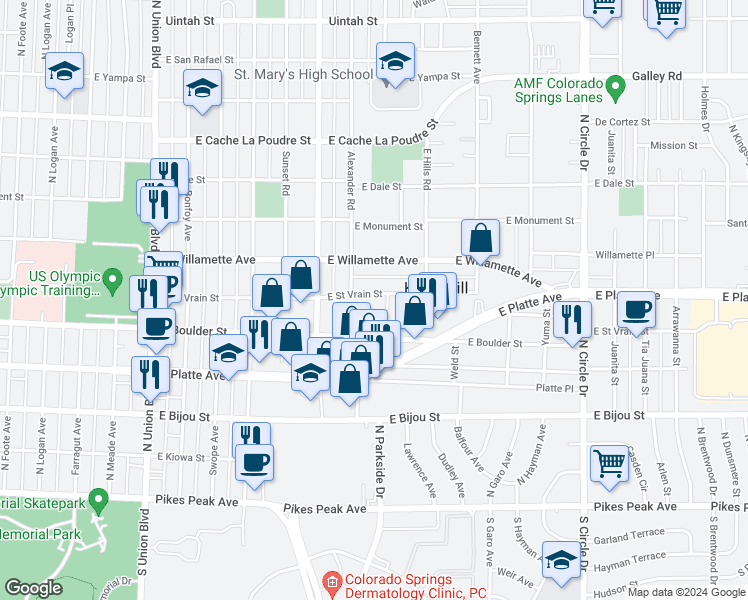 map of restaurants, bars, coffee shops, grocery stores, and more near 2403 East Saint Vrain Street in Colorado Springs