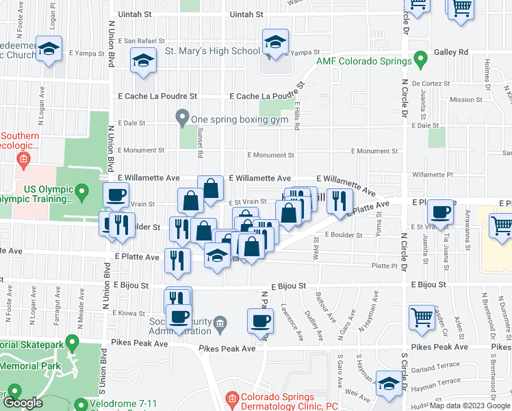 map of restaurants, bars, coffee shops, grocery stores, and more near 2403 East Saint Vrain Street in Colorado Springs