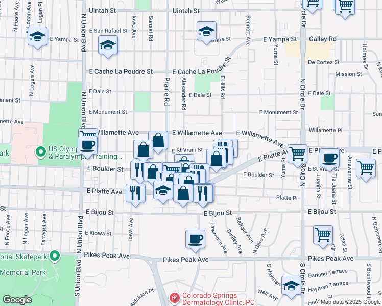 map of restaurants, bars, coffee shops, grocery stores, and more near 2403 East Saint Vrain Street in Colorado Springs
