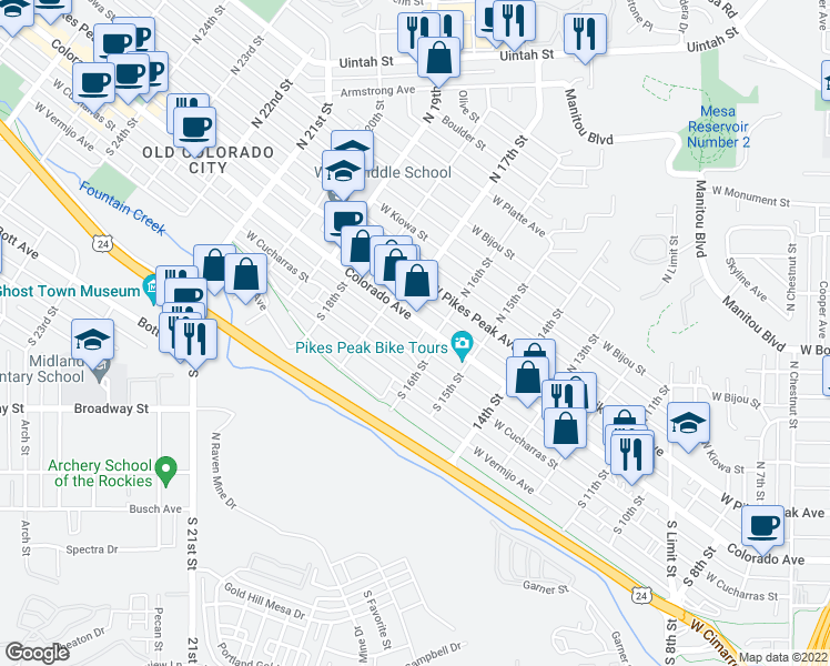 map of restaurants, bars, coffee shops, grocery stores, and more near 1603 Colorado Avenue in Colorado Springs