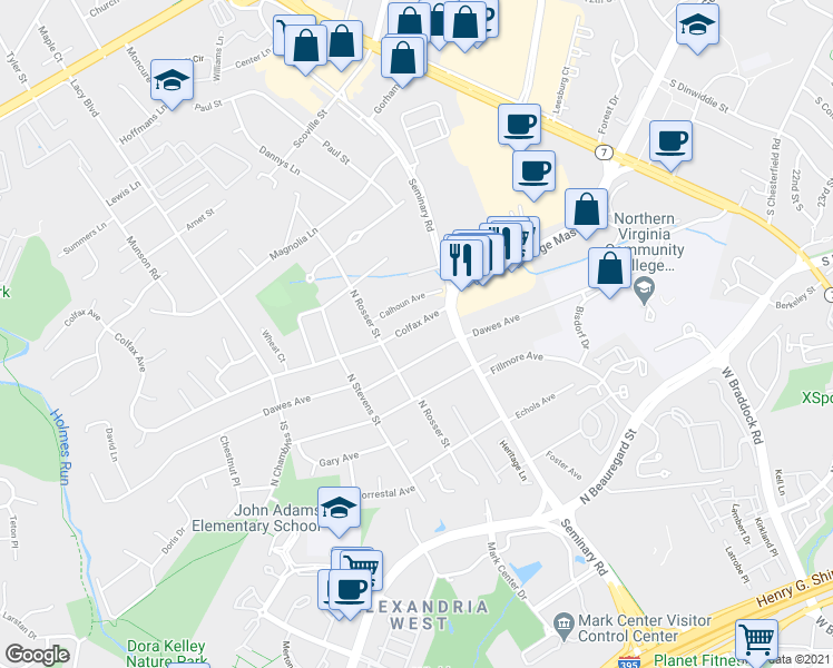 map of restaurants, bars, coffee shops, grocery stores, and more near 5438 Colfax Avenue in Alexandria