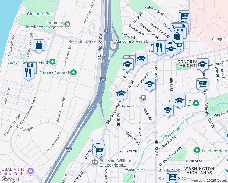 map of restaurants, bars, coffee shops, grocery stores, and more near 3613 Brothers Place Southeast in Washington
