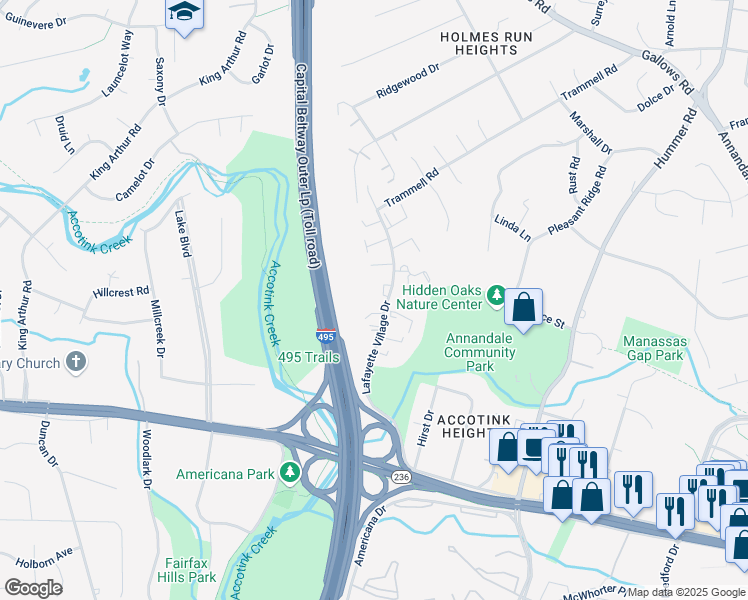 map of restaurants, bars, coffee shops, grocery stores, and more near 7924 Peyton Forest Trail in Annandale
