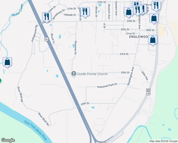 map of restaurants, bars, coffee shops, grocery stores, and more near 2605-2721 35th Street in Bedford