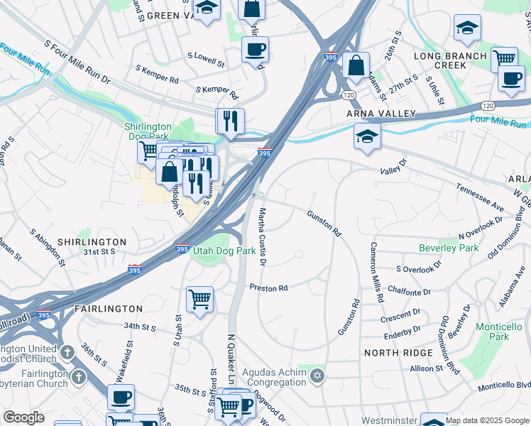 map of restaurants, bars, coffee shops, grocery stores, and more near 3569 Martha Custis Drive in Alexandria