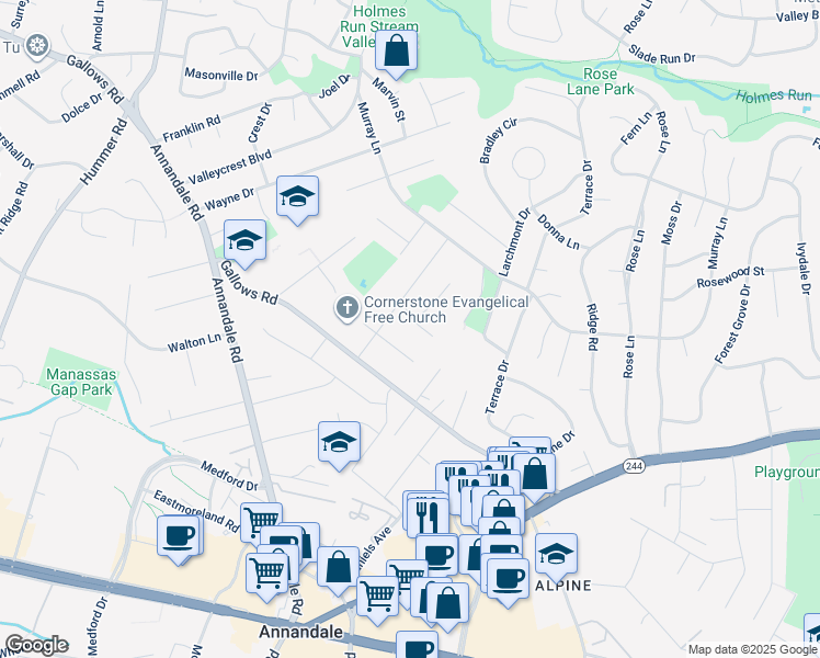 map of restaurants, bars, coffee shops, grocery stores, and more near 3824 Pickett Court in Annandale