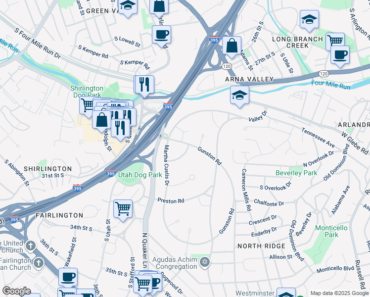 map of restaurants, bars, coffee shops, grocery stores, and more near 1605 Fitzgerald Lane in Alexandria