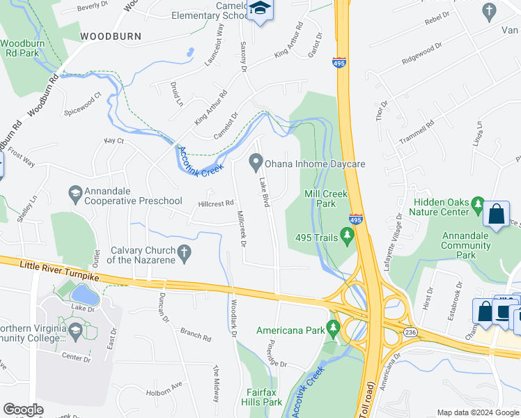 map of restaurants, bars, coffee shops, grocery stores, and more near 3900 Lake Boulevard in Annandale