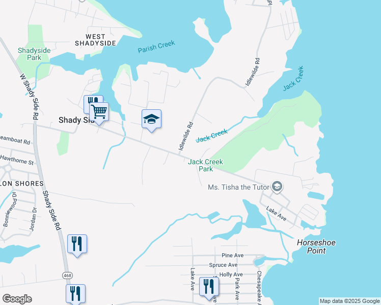 map of restaurants, bars, coffee shops, grocery stores, and more near 1576 Snug Harbor Road in Shady Side