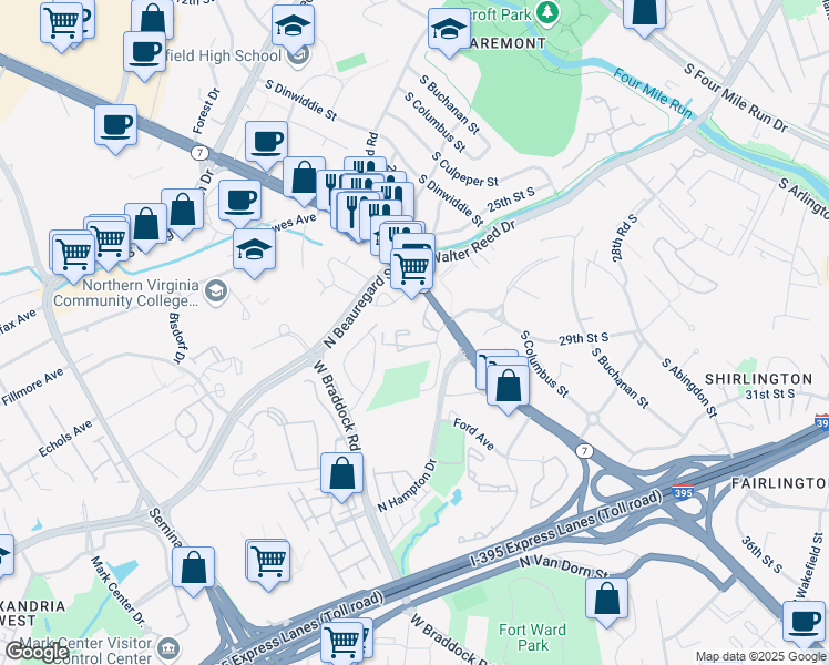 map of restaurants, bars, coffee shops, grocery stores, and more near 3314 South 28th Street in Alexandria