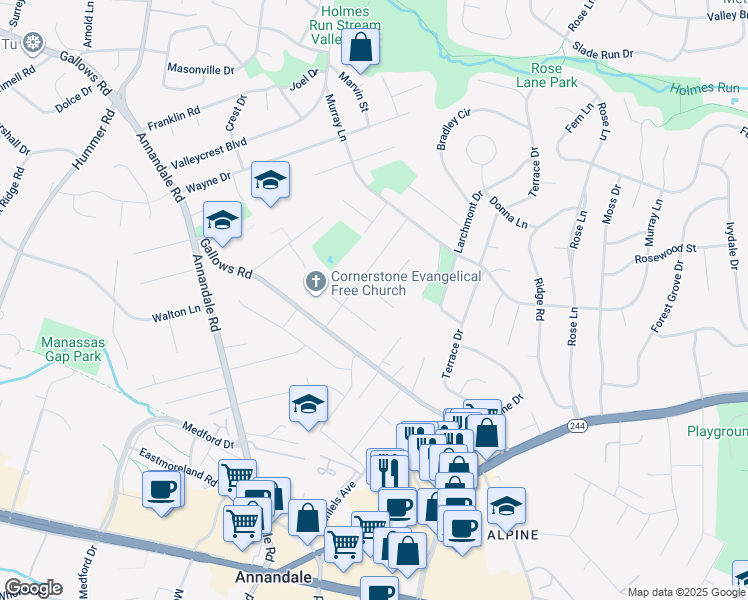 map of restaurants, bars, coffee shops, grocery stores, and more near 3824 Pickett Court in Annandale